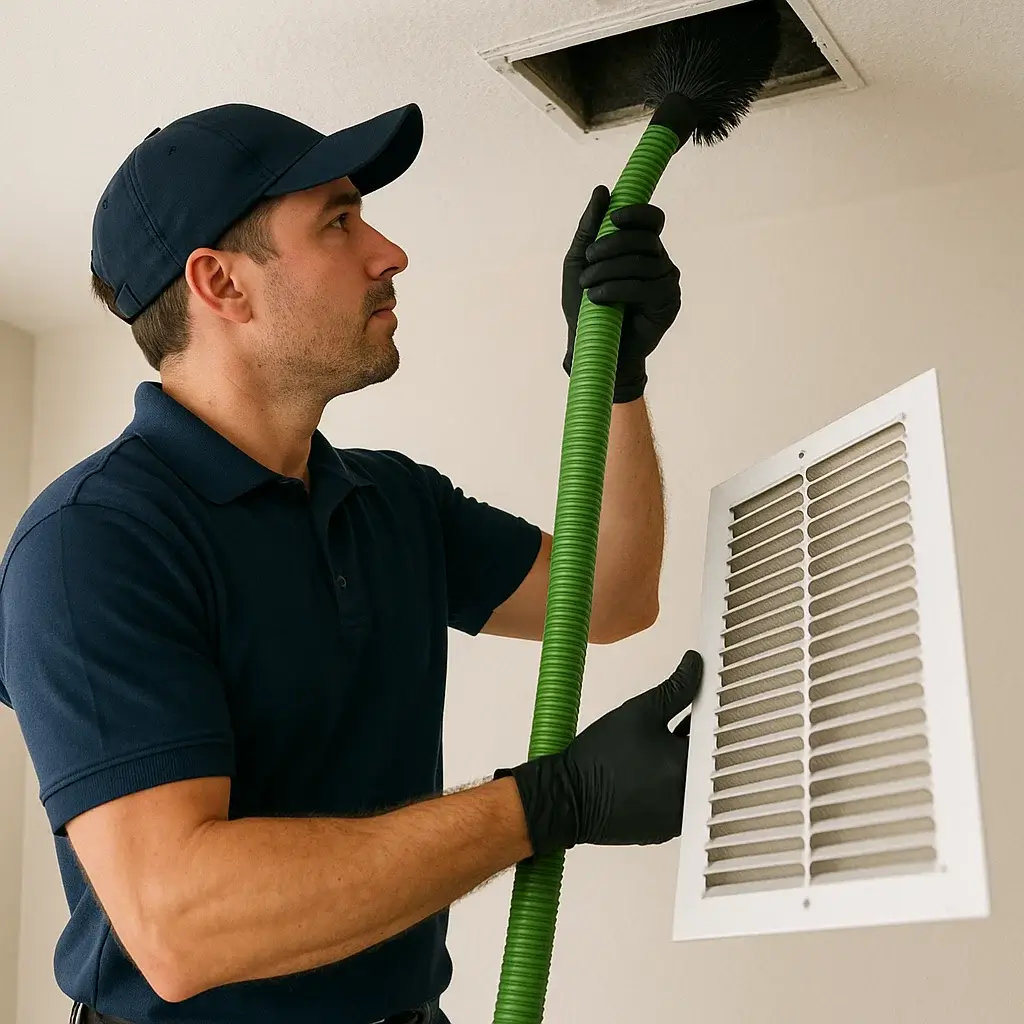 Technician from Cypress Air Ducts Cleaning TX using advanced vacuum system to remove dust and pet dander from home air ducts.