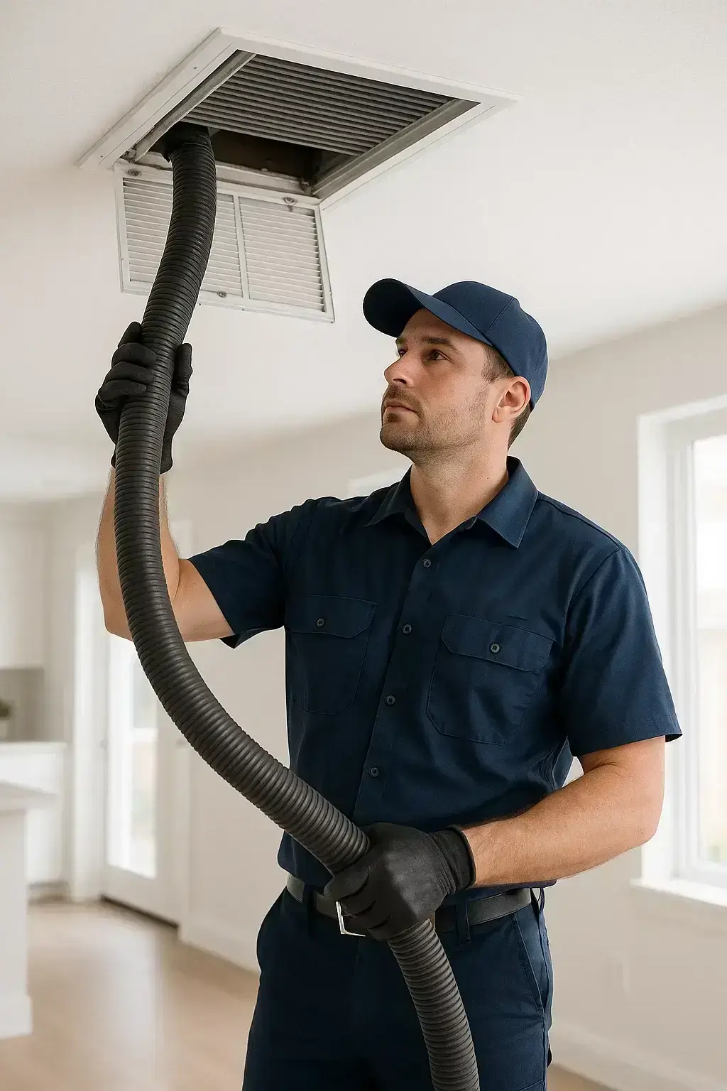 Professional Cypress Air Ducts Cleaning TX  technician cleaning an air vent inside a bright modern home